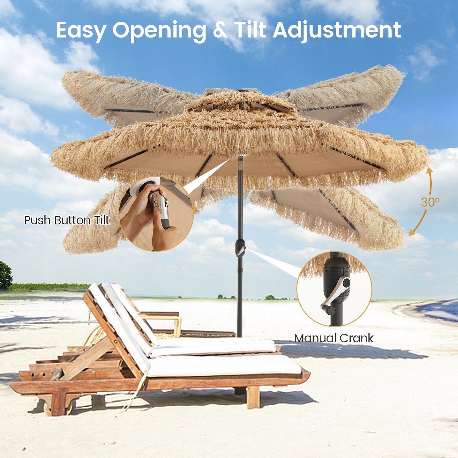 9 Feet Solar Powered Thatched Tiki Patio Umbrella with Led Lights., Natural Outdoor Umbrellas   at Gallery Canada