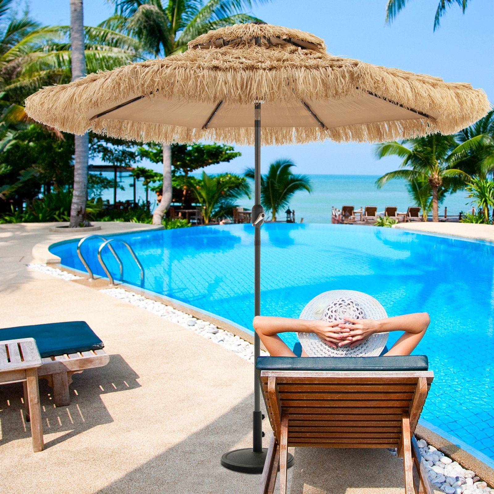 9 Feet Solar Powered Thatched Tiki Patio Umbrella with Led Lights., Natural Outdoor Umbrellas   at Gallery Canada