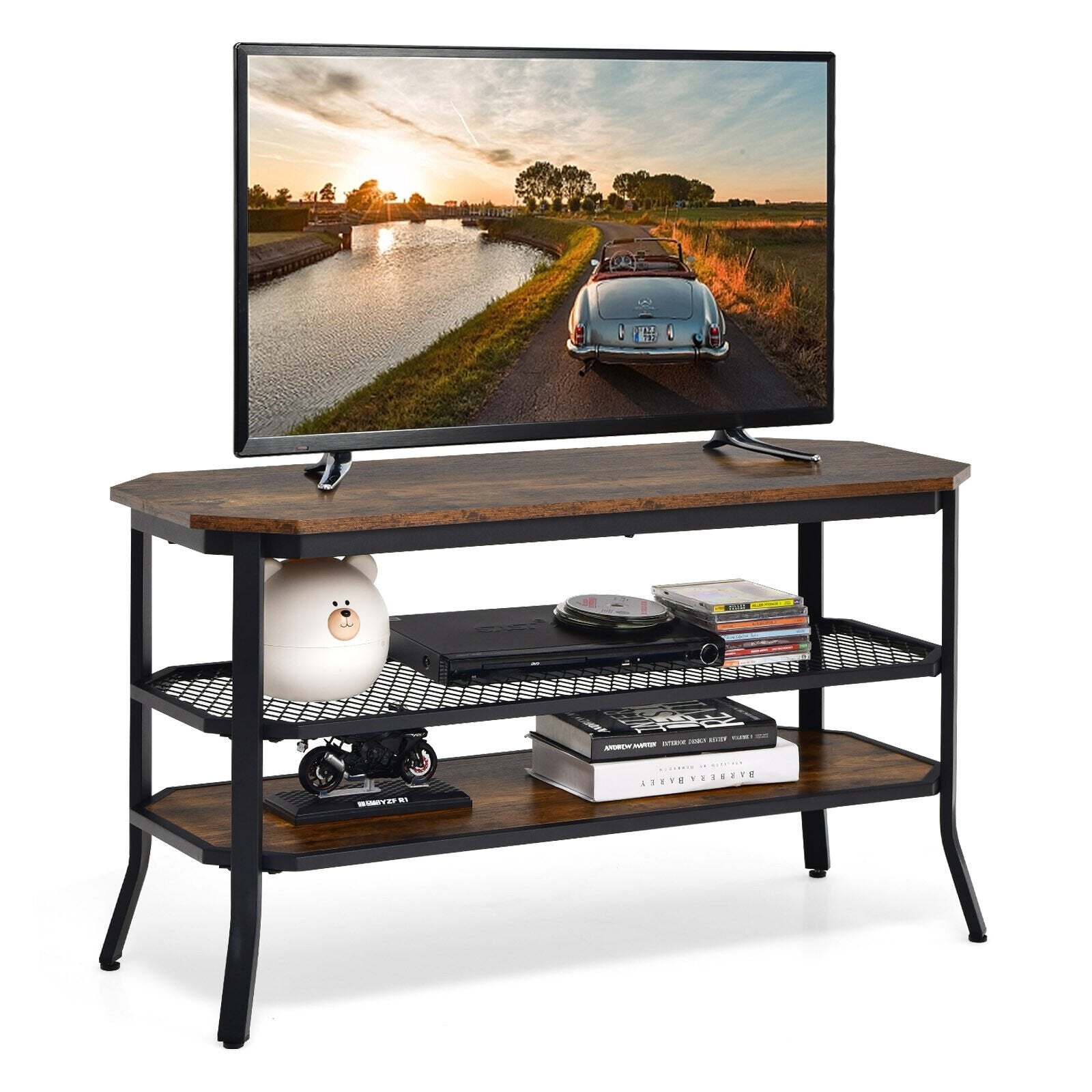 3-tier Console Table TV Stand with Mesh Storage Shelf, Rustic Brown Console Tables   at Gallery Canada