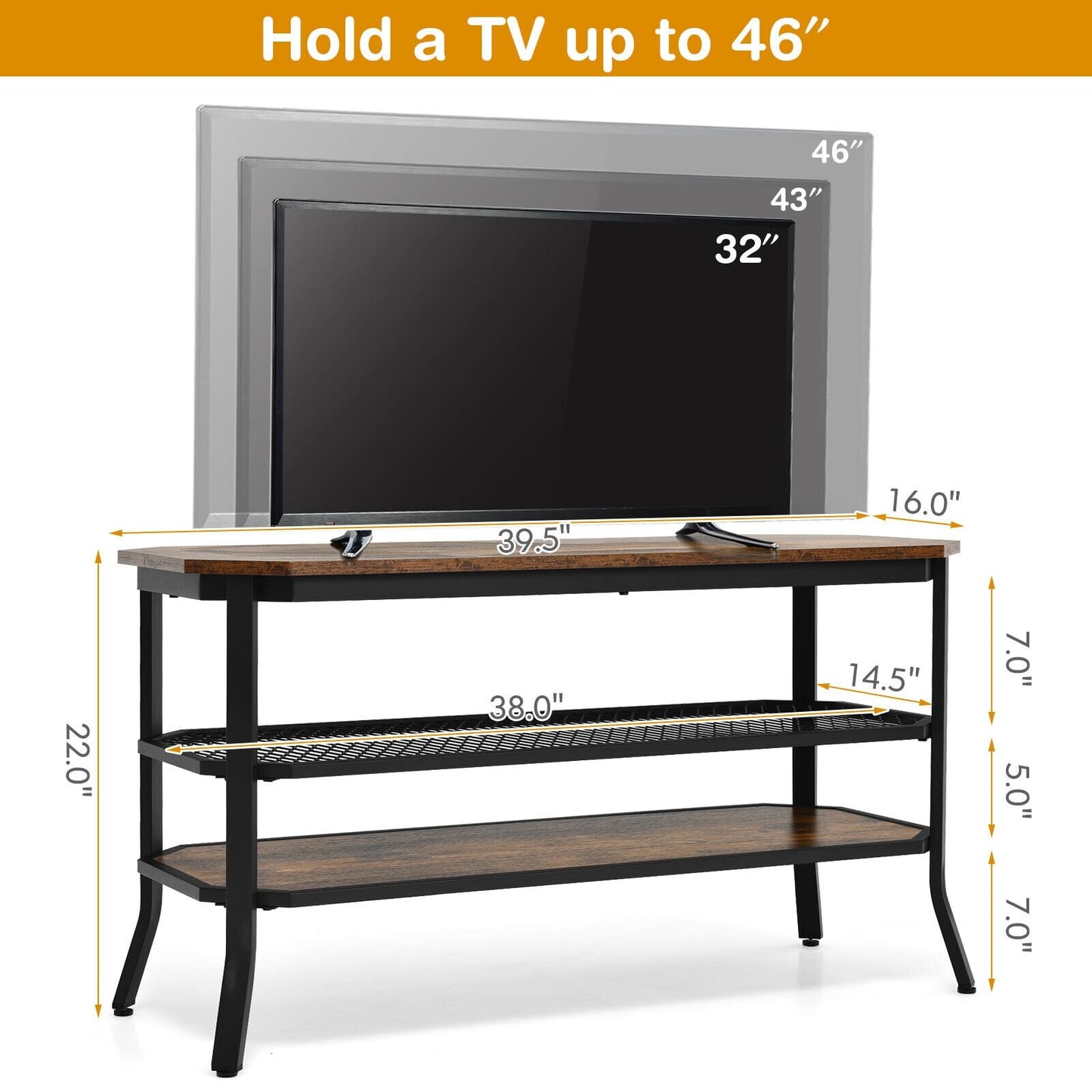 3-tier Console Table TV Stand with Mesh Storage Shelf, Rustic Brown Console Tables   at Gallery Canada