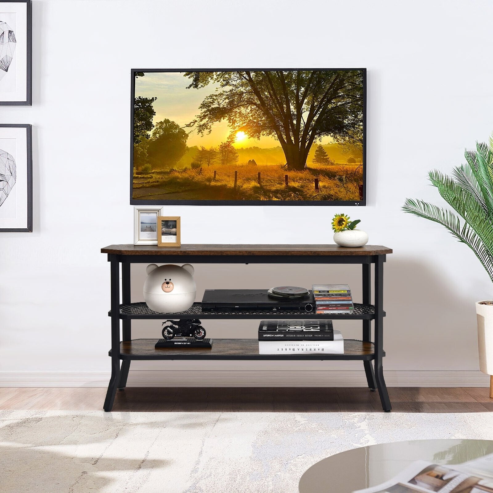 3-tier Console Table TV Stand with Mesh Storage Shelf, Rustic Brown Console Tables   at Gallery Canada