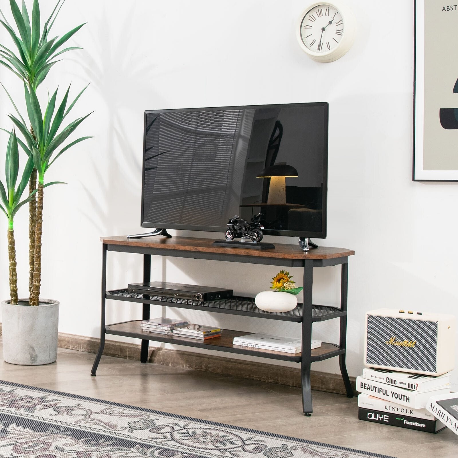 3-tier Console Table TV Stand with Mesh Storage Shelf, Rustic Brown Console Tables   at Gallery Canada