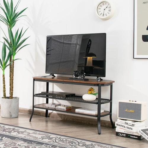 3-tier Console Table TV Stand with Mesh Storage Shelf, Rustic Brown