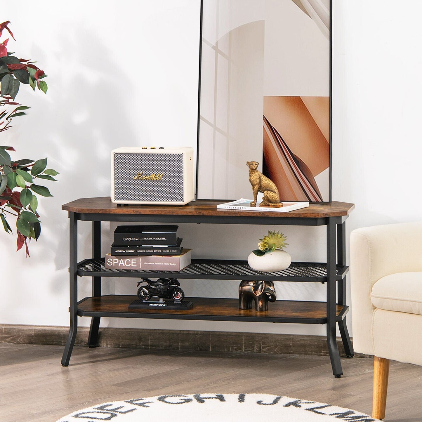 3-tier Console Table TV Stand with Mesh Storage Shelf, Rustic Brown Console Tables   at Gallery Canada