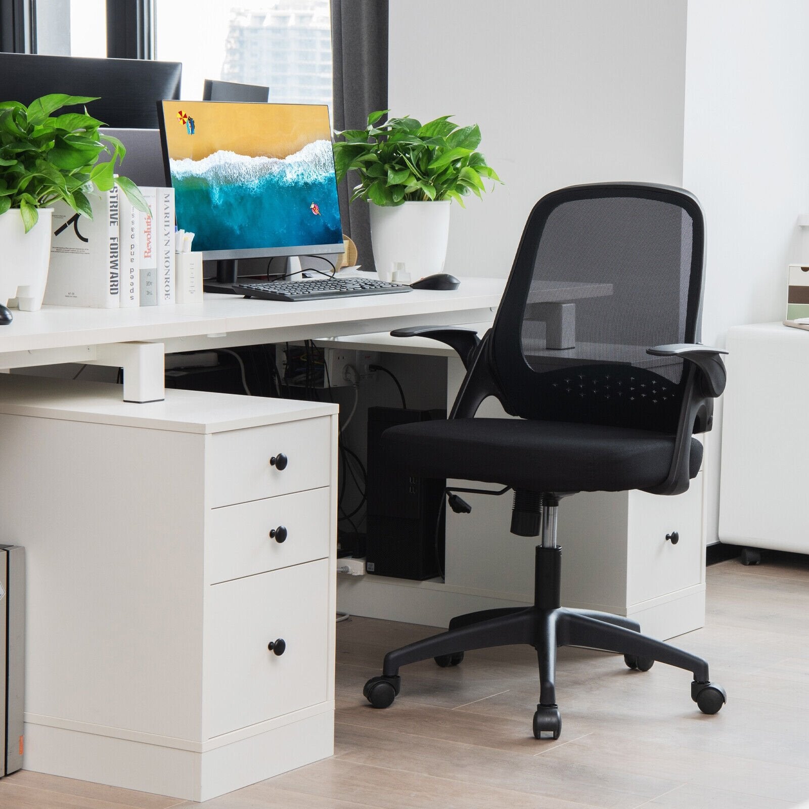 Adjustable Mesh Office Chair Rolling Computer Desk Chair with Flip-up Armrest, Black Mesh Chairs   at Gallery Canada