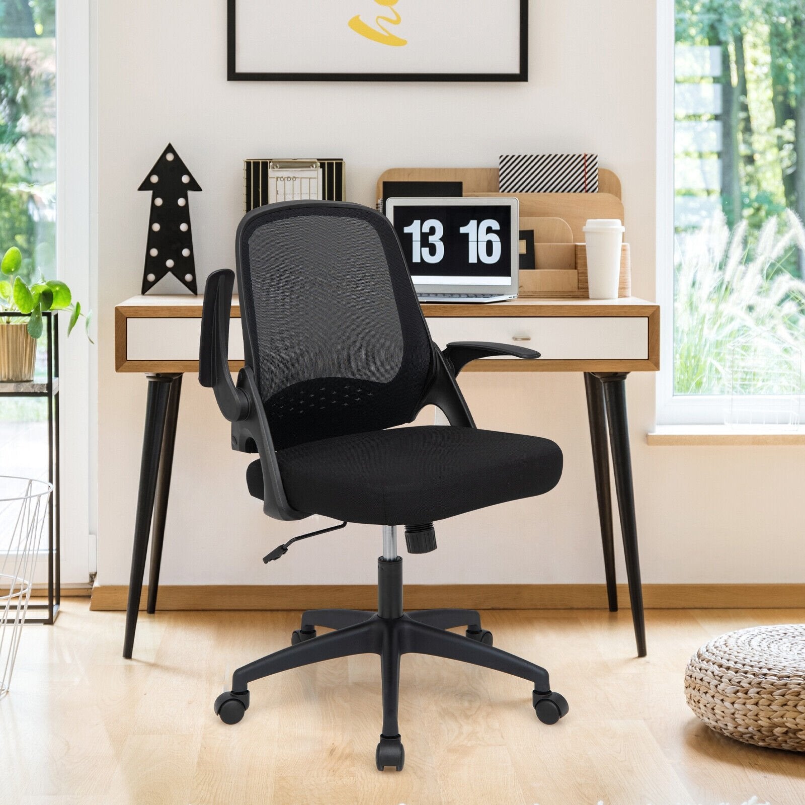 Adjustable Mesh Office Chair Rolling Computer Desk Chair with Flip-up Armrest, Black Mesh Chairs   at Gallery Canada