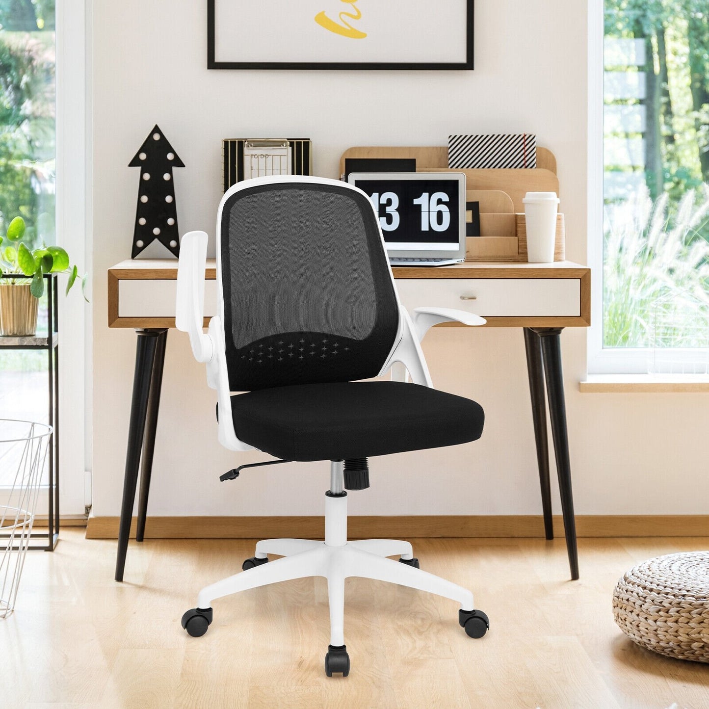 Adjustable Mesh Office Chair Rolling Computer Desk Chair with Flip-up Armrest, White Mesh Chairs   at Gallery Canada