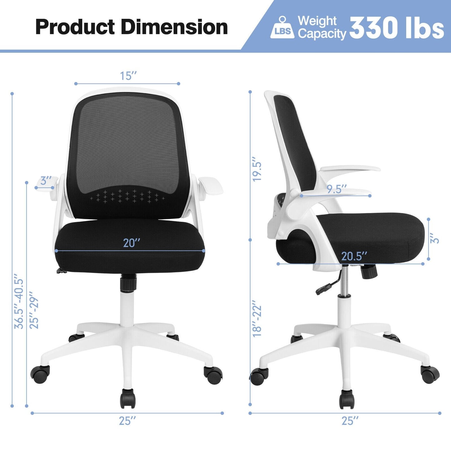 Adjustable Mesh Office Chair Rolling Computer Desk Chair with Flip-up Armrest, White - Gallery Canada