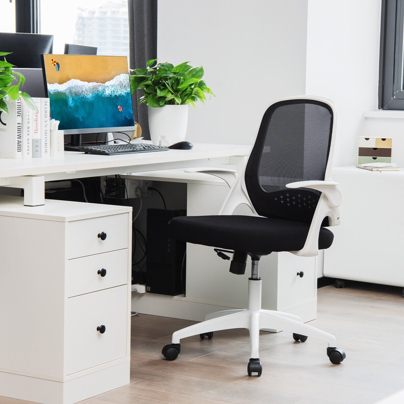 Adjustable Mesh Office Chair Rolling Computer Desk Chair with Flip-up Armrest, White Mesh Chairs   at Gallery Canada