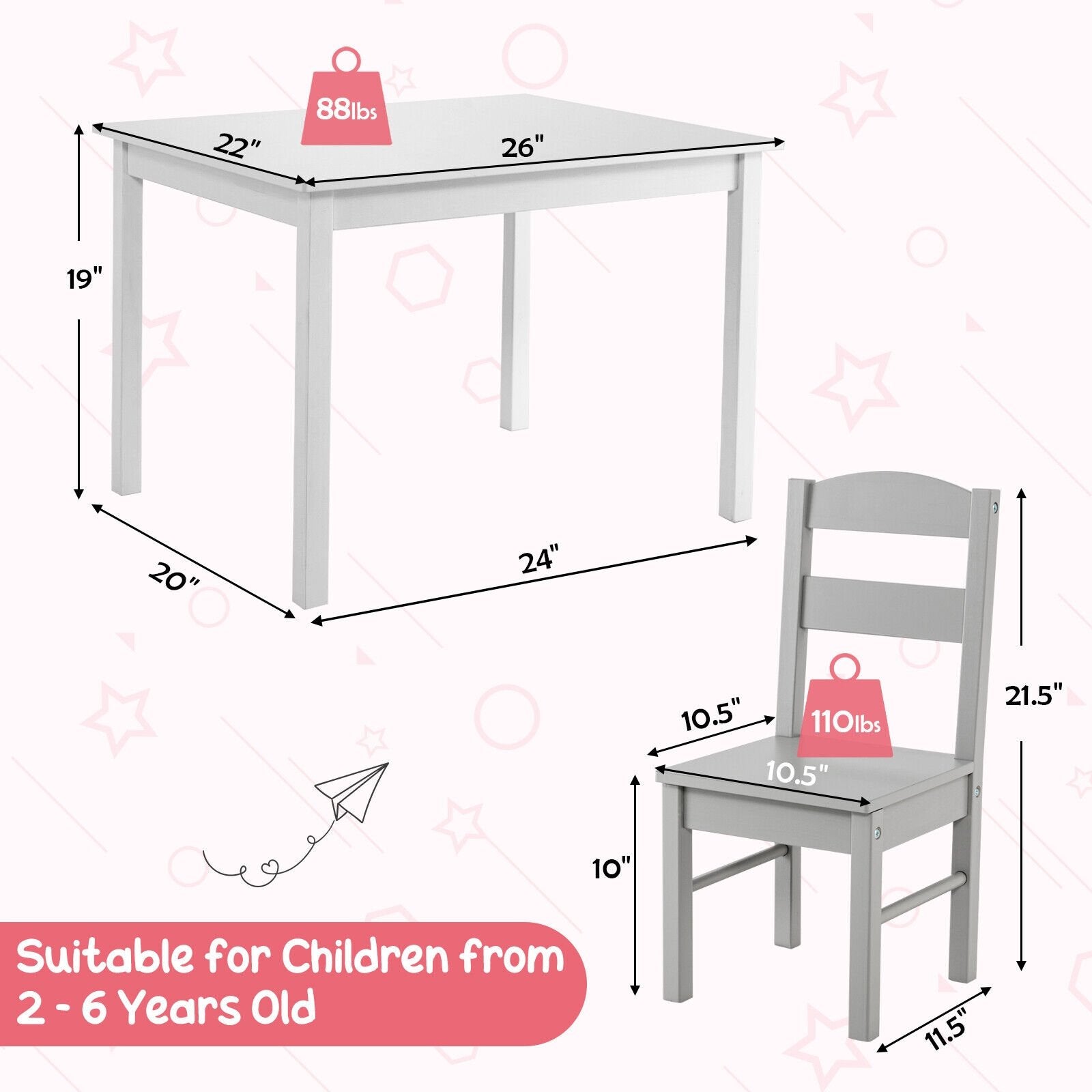 Kids 5 Piece Table and Chair Set Wooden Children Activity Playroom Furniture Gift, White Kids Table & Chair Sets   at Gallery Canada