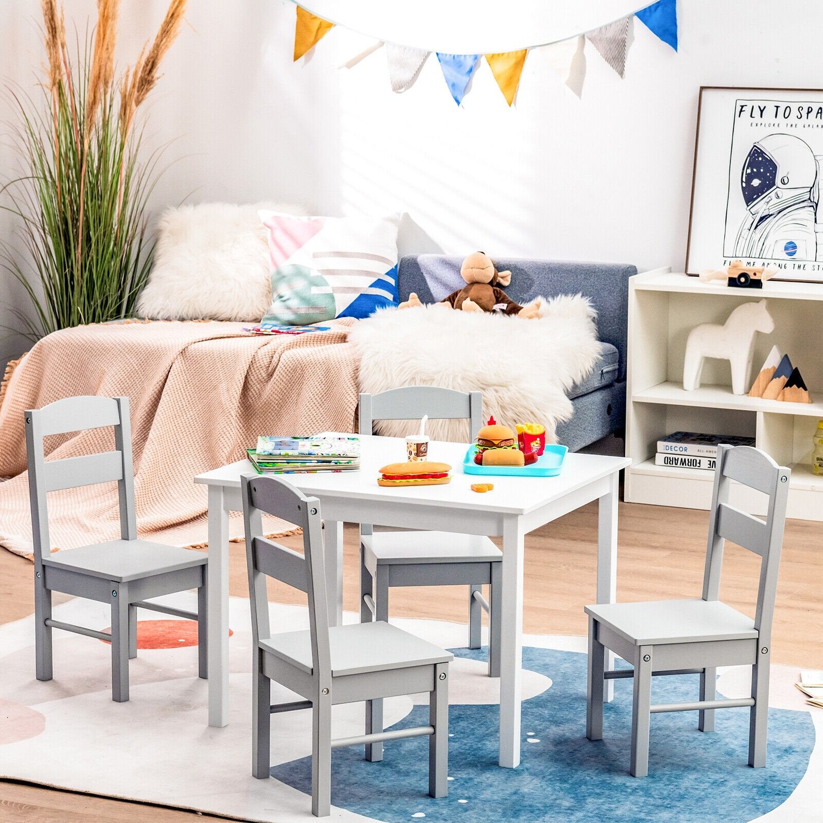 Kids 5 Piece Table and Chair Set Wooden Children Activity Playroom Furniture Gift, White Kids Table & Chair Sets   at Gallery Canada