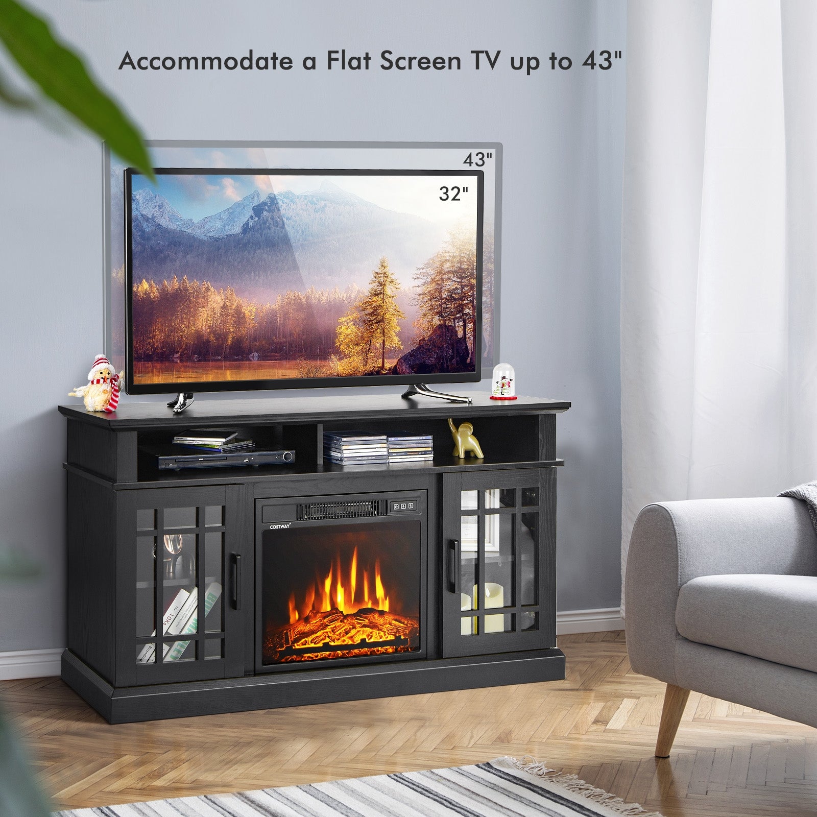 48 Inch Electric Fireplace TV Stand with Cabinets for TVs Up to 55 Inch, Black Entertainment Centers & TV Stands at Gallery Canada