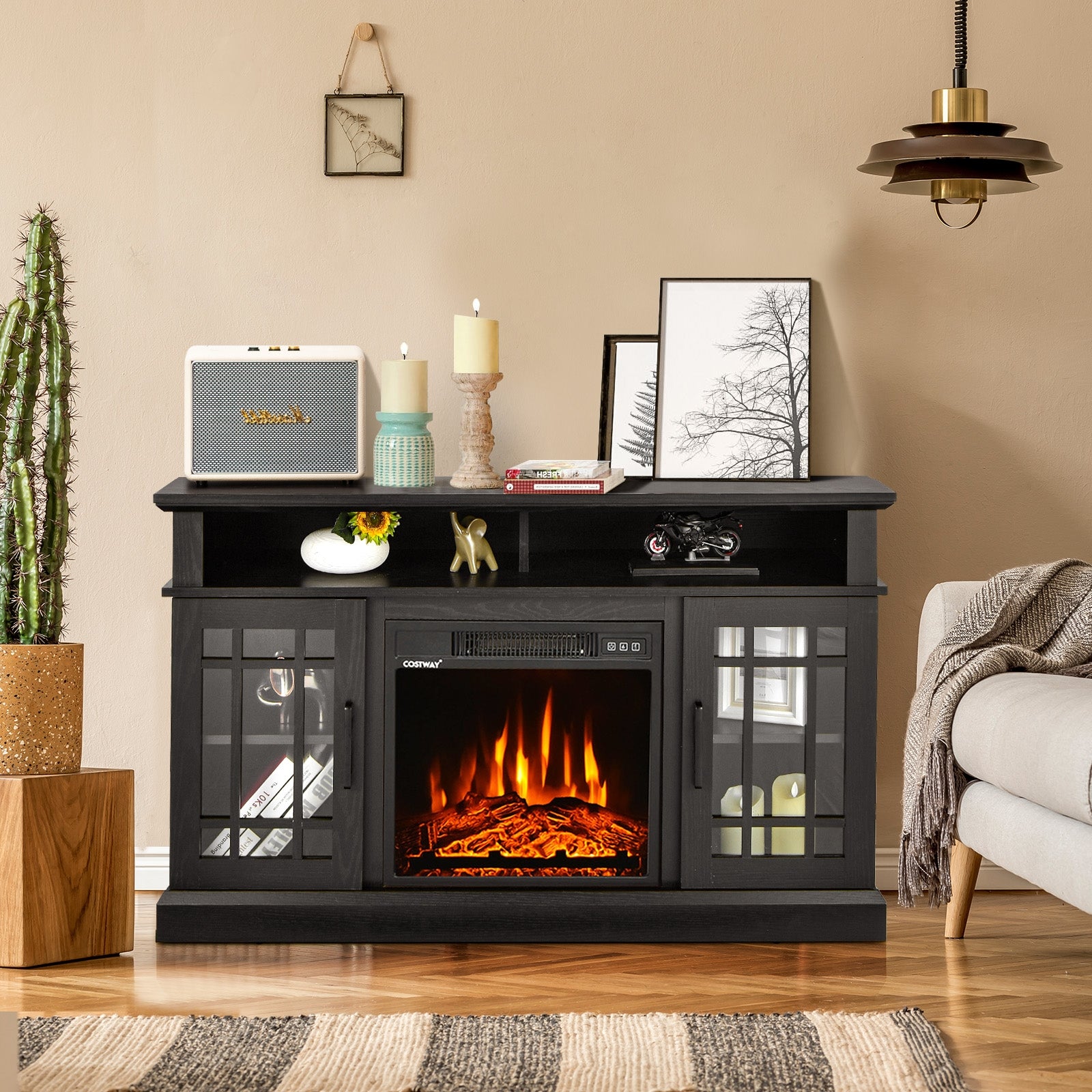 48 Inch Electric Fireplace TV Stand with Cabinets for TVs Up to 55 Inch, Black Entertainment Centers & TV Stands at Gallery Canada