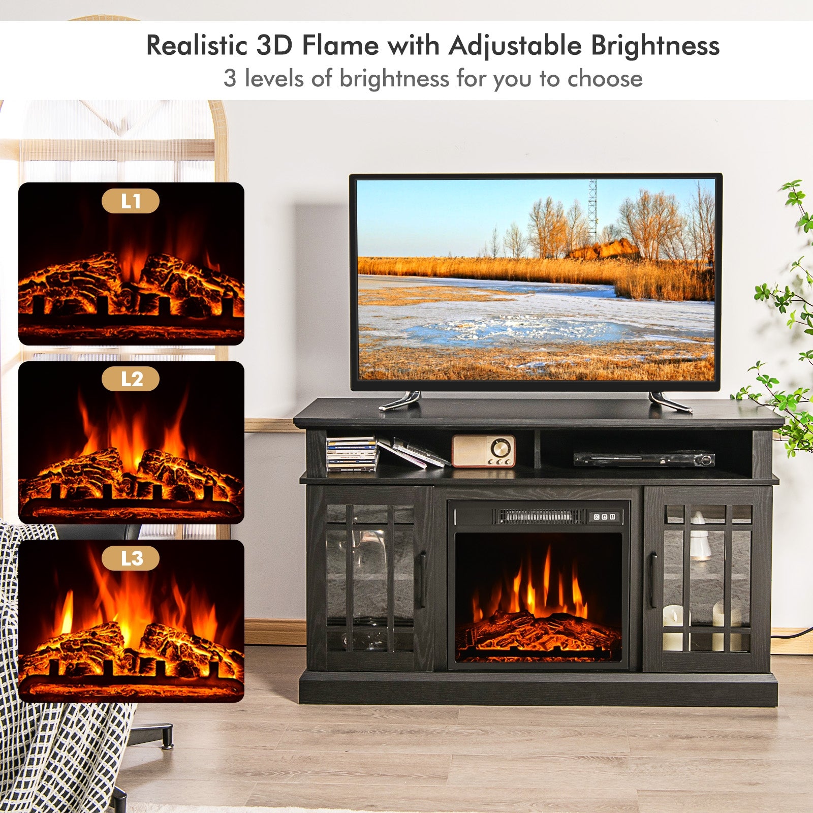 48 Inch Electric Fireplace TV Stand with Cabinets for TVs Up to 55 Inch, Black Entertainment Centers & TV Stands at Gallery Canada