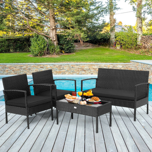 4 Pieces Patio Rattan Furniture Set with Cushion, Black - Gallery Canada