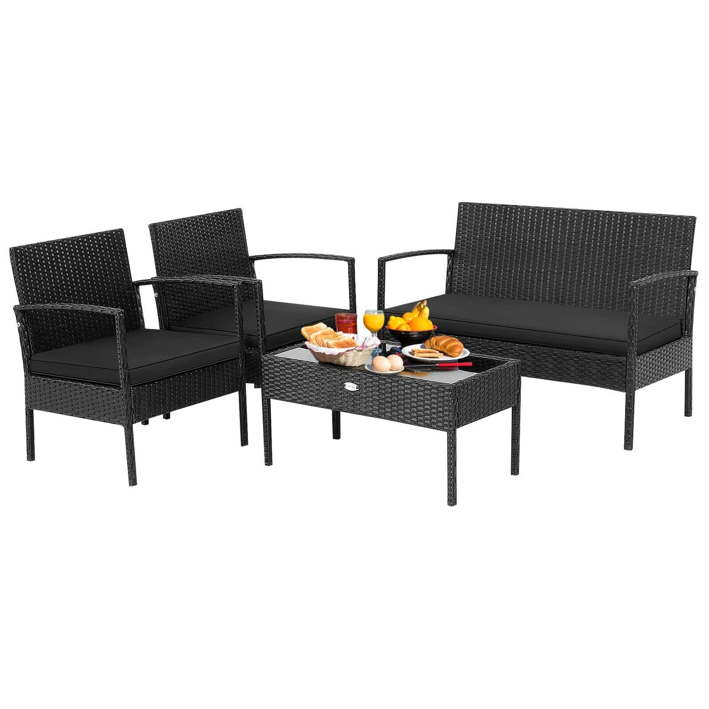 4 Pieces Patio Rattan Furniture Set with Cushion, Black Patio Conversation Sets   at Gallery Canada