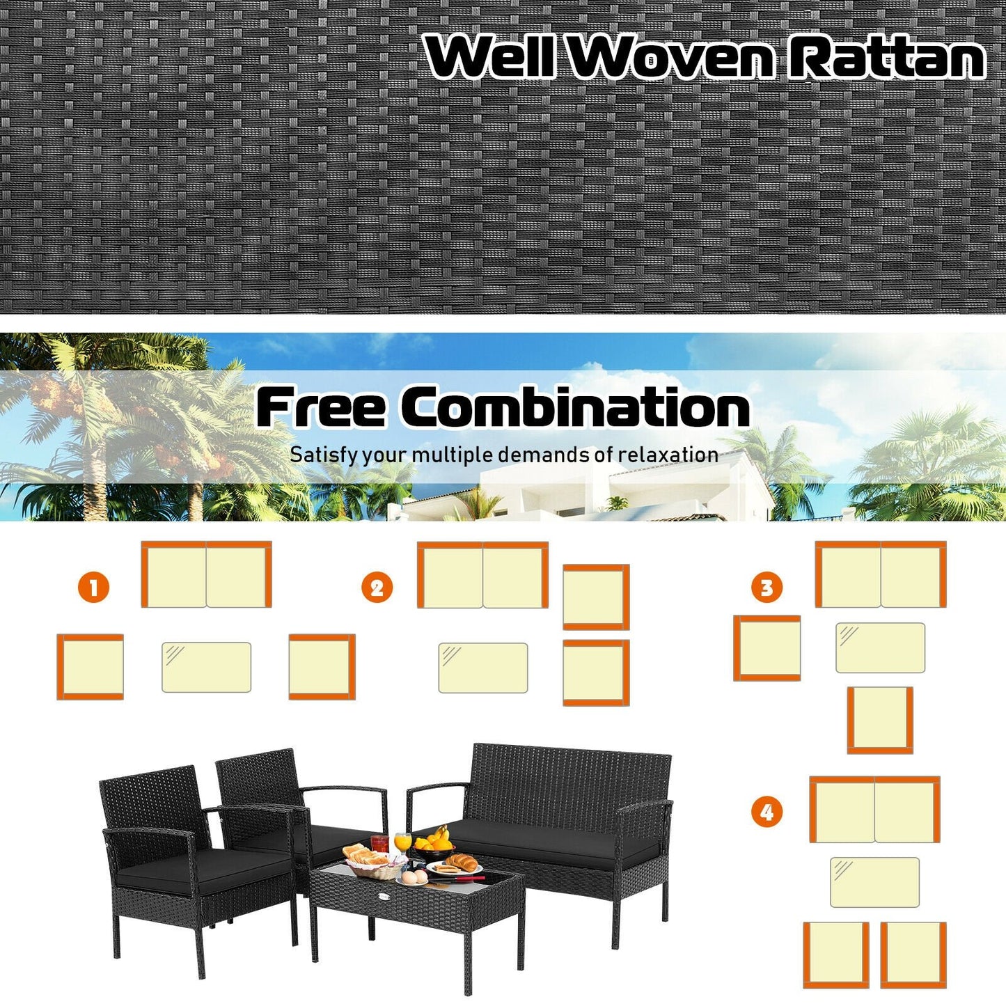 4 Pieces Patio Rattan Furniture Set with Cushion, Black Patio Conversation Sets   at Gallery Canada