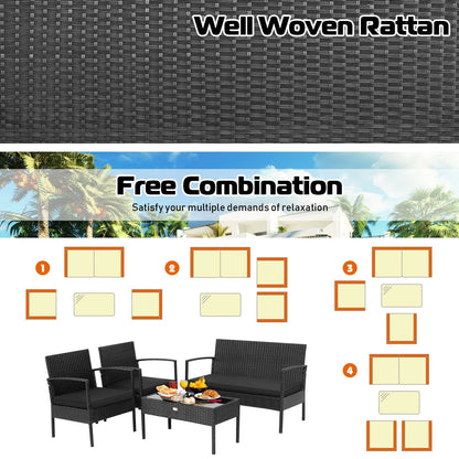 4 Pieces Patio Rattan Furniture Set with Cushion, Black Patio Conversation Sets   at Gallery Canada