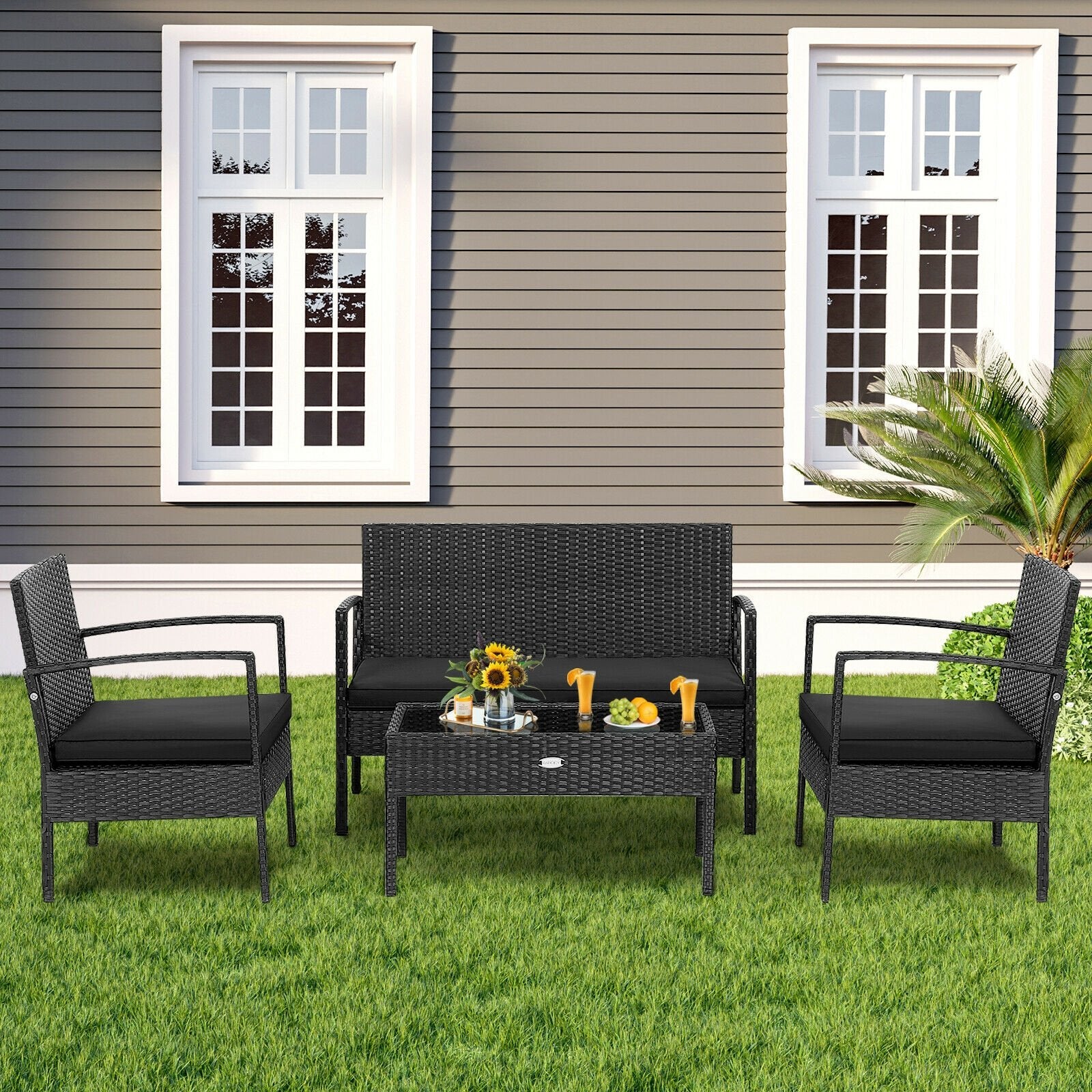 4 Pieces Patio Rattan Furniture Set with Cushion, Black Patio Conversation Sets   at Gallery Canada