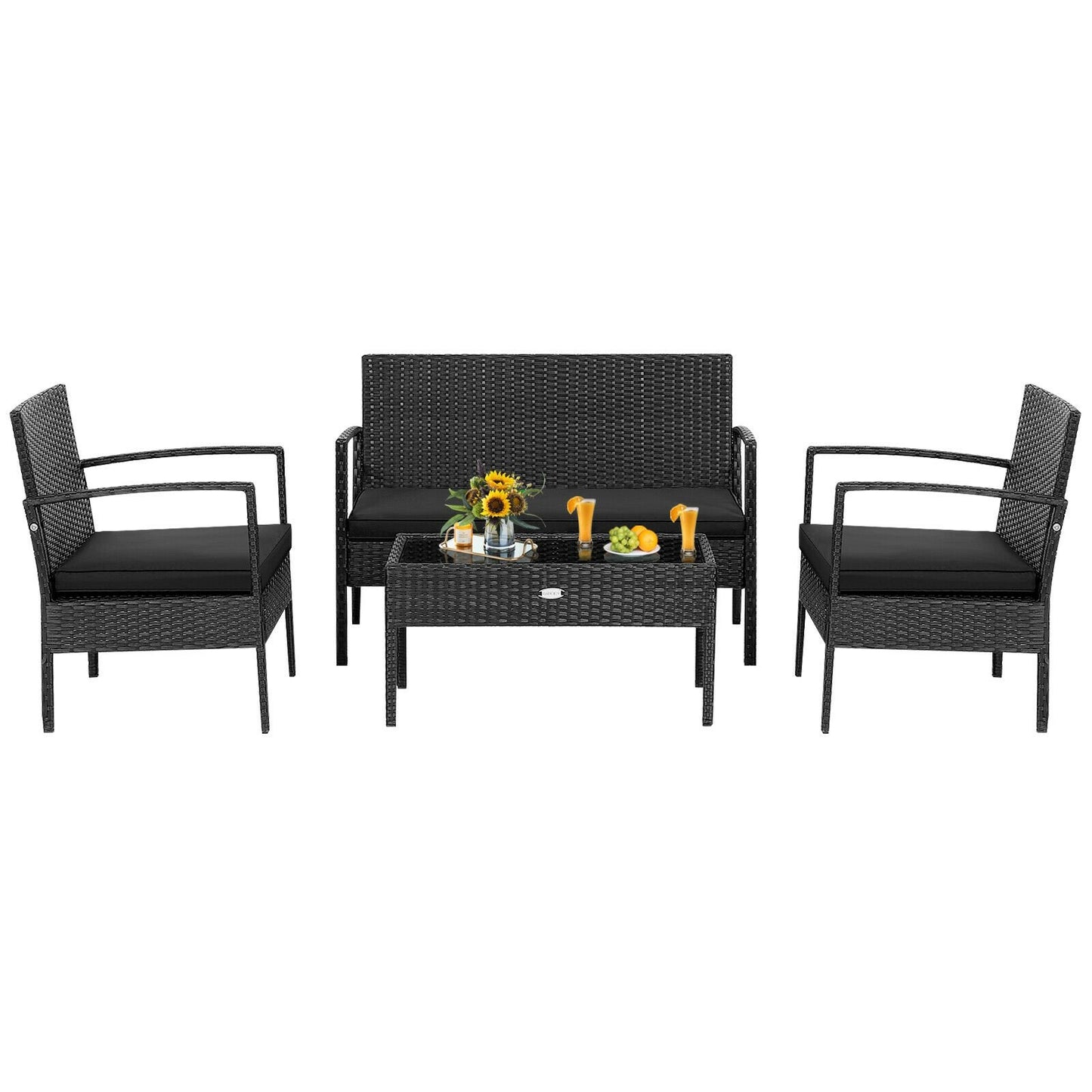 4 Pieces Patio Rattan Furniture Set with Cushion, Black Patio Conversation Sets   at Gallery Canada