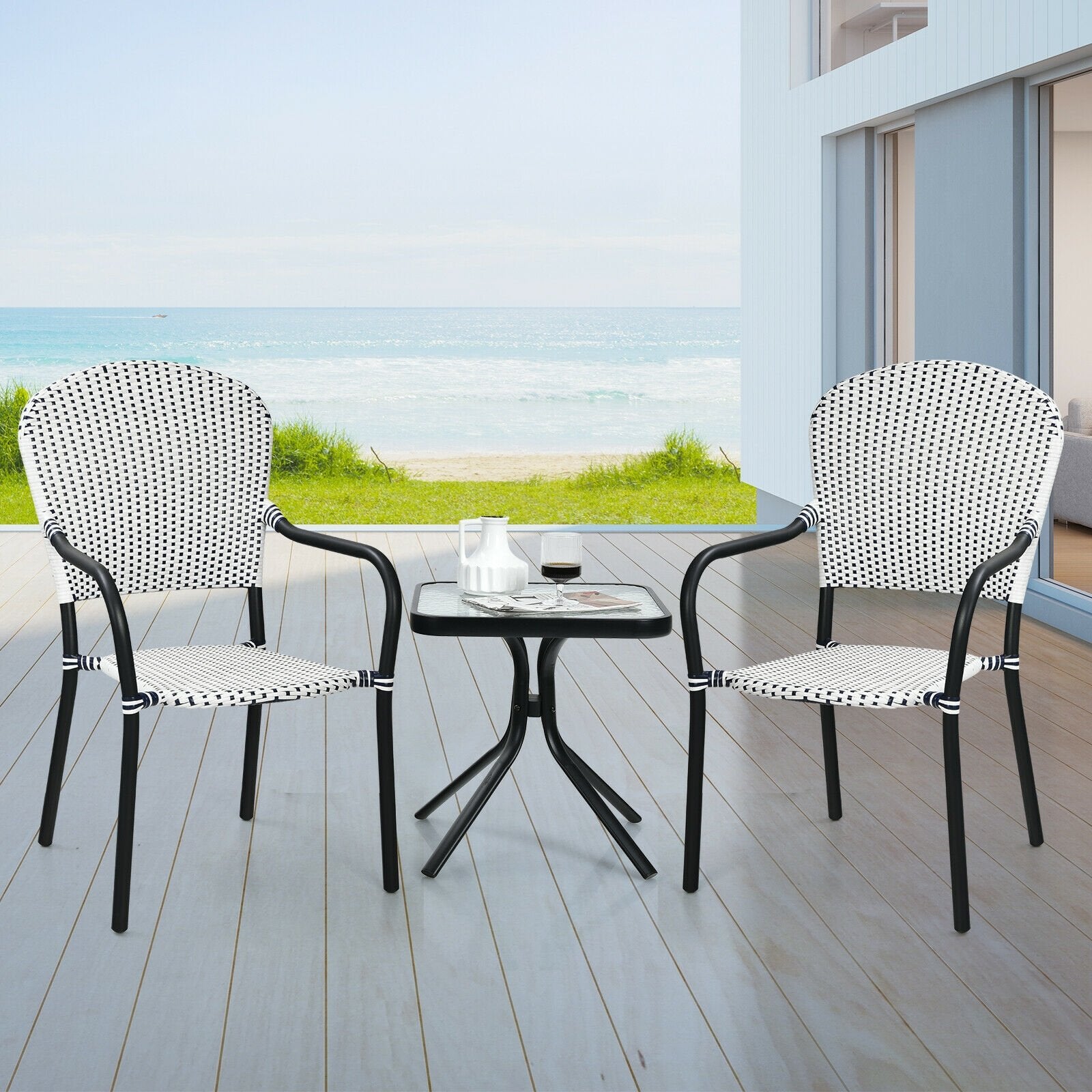 Set of 4 Patio Rattan Stackable Dining Chair with  Armrest for Garden, White Patio Dining Chairs   at Gallery Canada