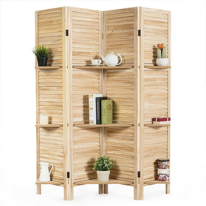 4 Panel Folding Room Divider Screen with 3 Display Shelves, Brown Room Dividers   at Gallery Canada