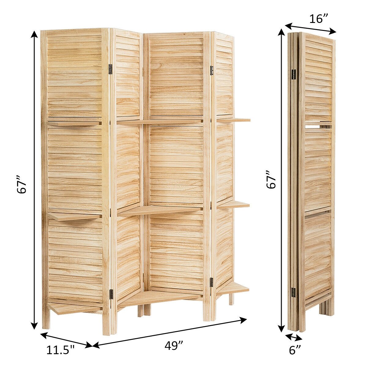 4 Panel Folding Room Divider Screen with 3 Display Shelves, Brown Room Dividers   at Gallery Canada