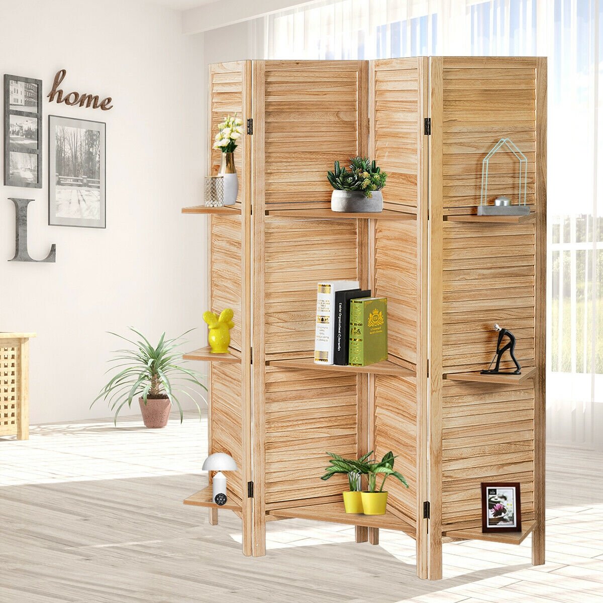 4 Panel Folding Room Divider Screen with 3 Display Shelves, Brown Room Dividers   at Gallery Canada