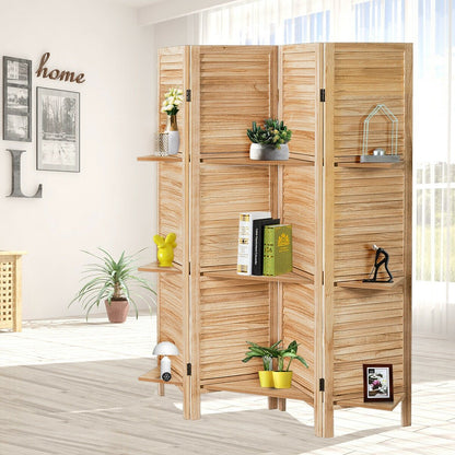 4 Panel Folding Room Divider Screen with 3 Display Shelves, Brown Room Dividers   at Gallery Canada