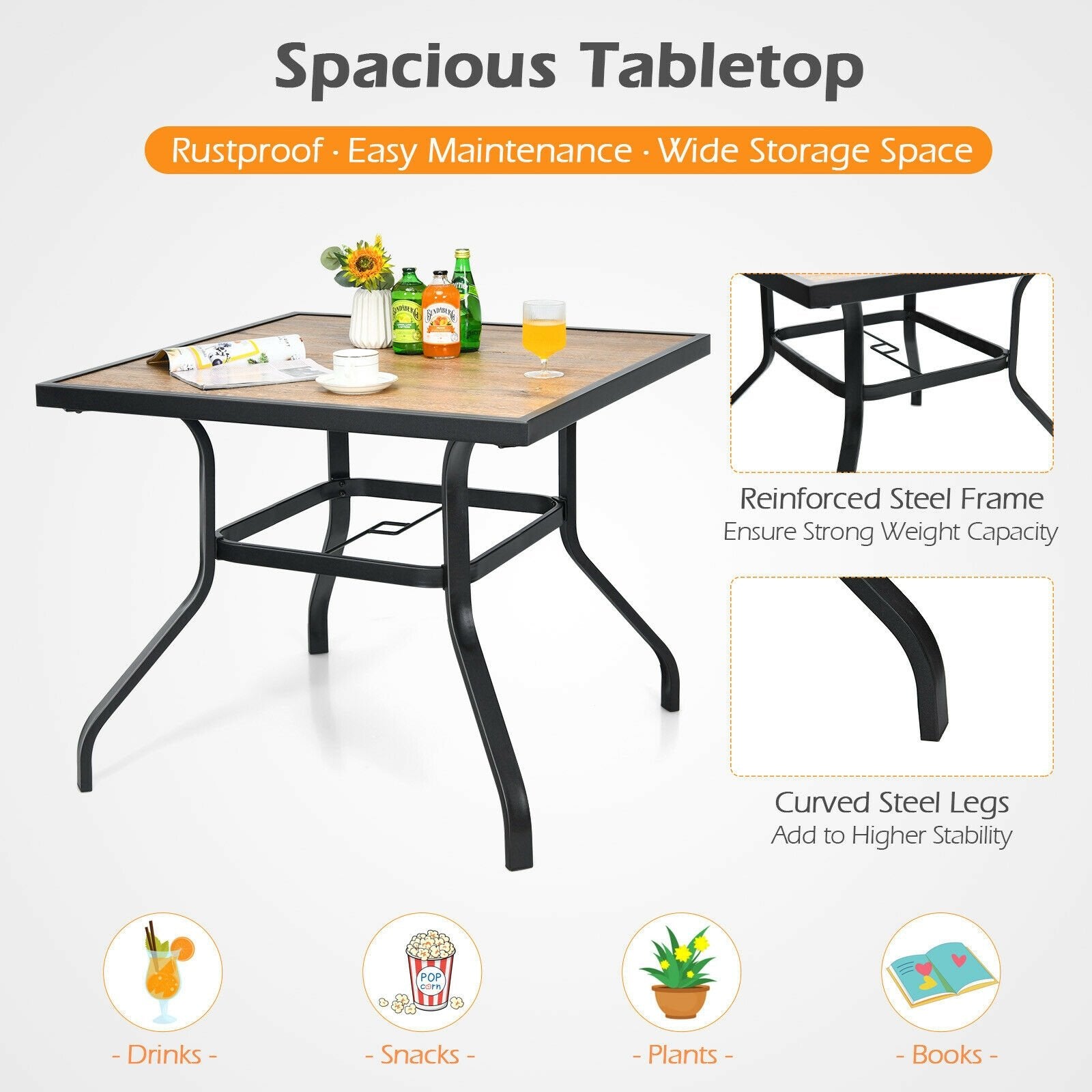 Patio Metal Square Dining Table for Garden and Poolside, Black Patio Dining Tables   at Gallery Canada