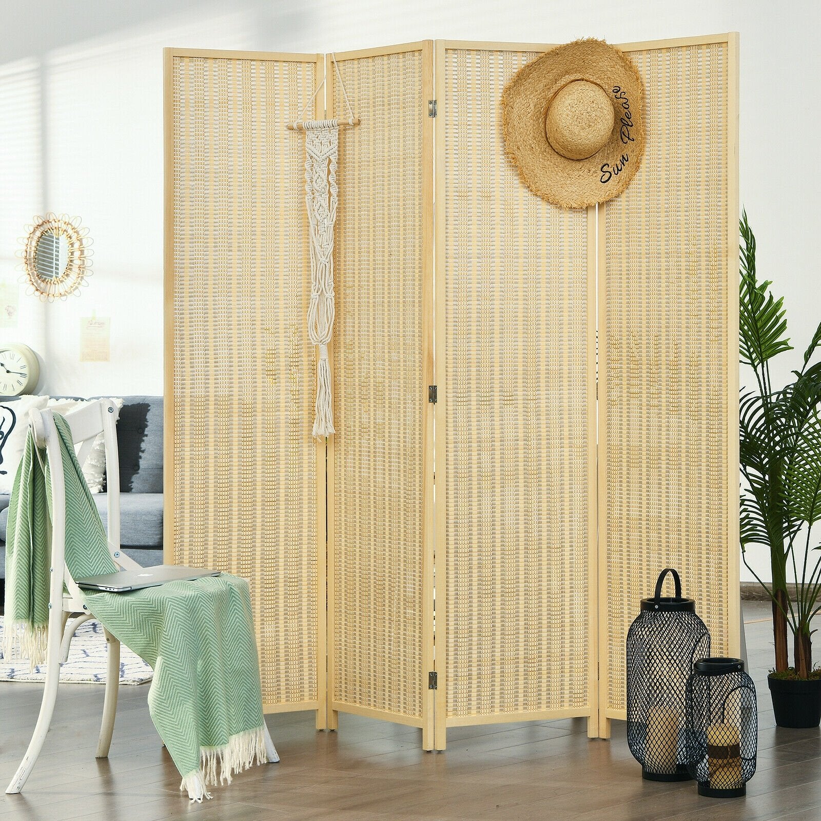 6 ft 4 Panel Portable Folding Room Divider Screen, Natural Room Dividers   at Gallery Canada