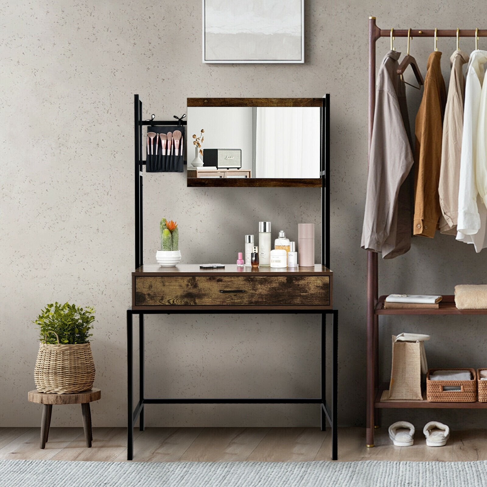 Industrial Vanity Table with 3-Height Adjustable Mirror Bag, Brown Makeup Vanities   at Gallery Canada