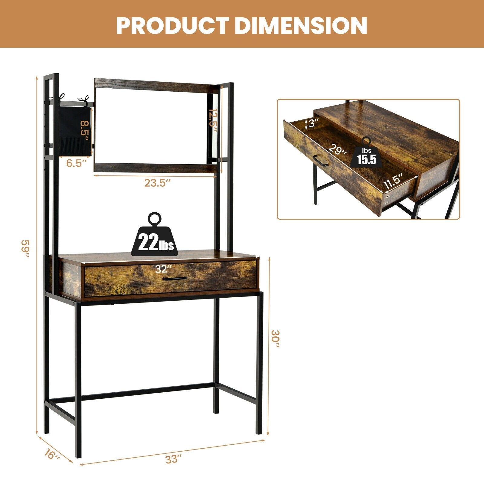 Industrial Vanity Table with 3-Height Adjustable Mirror Bag, Brown - Gallery Canada