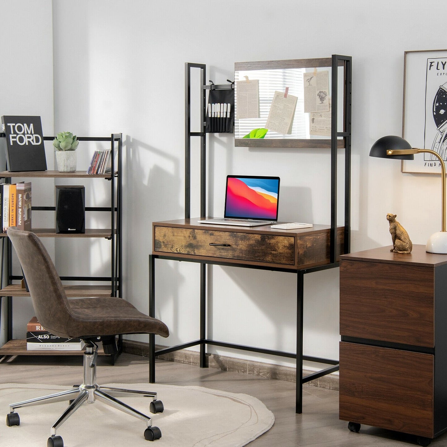 Industrial Vanity Table with 3-Height Adjustable Mirror Bag, Brown - Gallery Canada