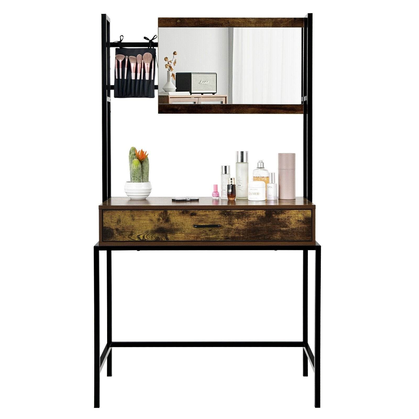 Industrial Vanity Table with 3-Height Adjustable Mirror Bag, Brown Makeup Vanities   at Gallery Canada