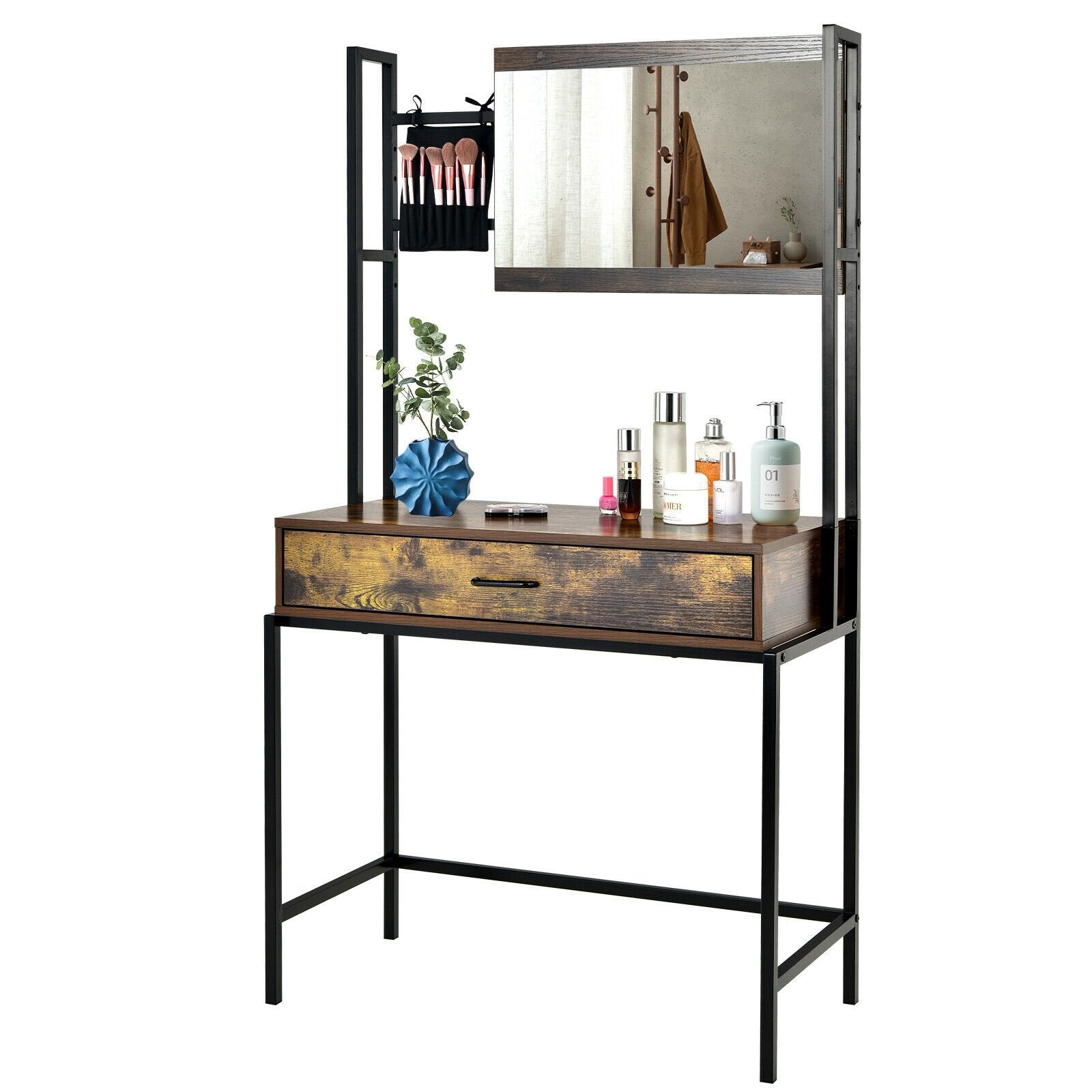 Industrial Vanity Table with 3-Height Adjustable Mirror Bag, Brown - Gallery Canada