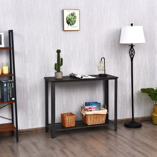 Metal Frame Wood  Console Sofa Table with Storage Shelf, Silver