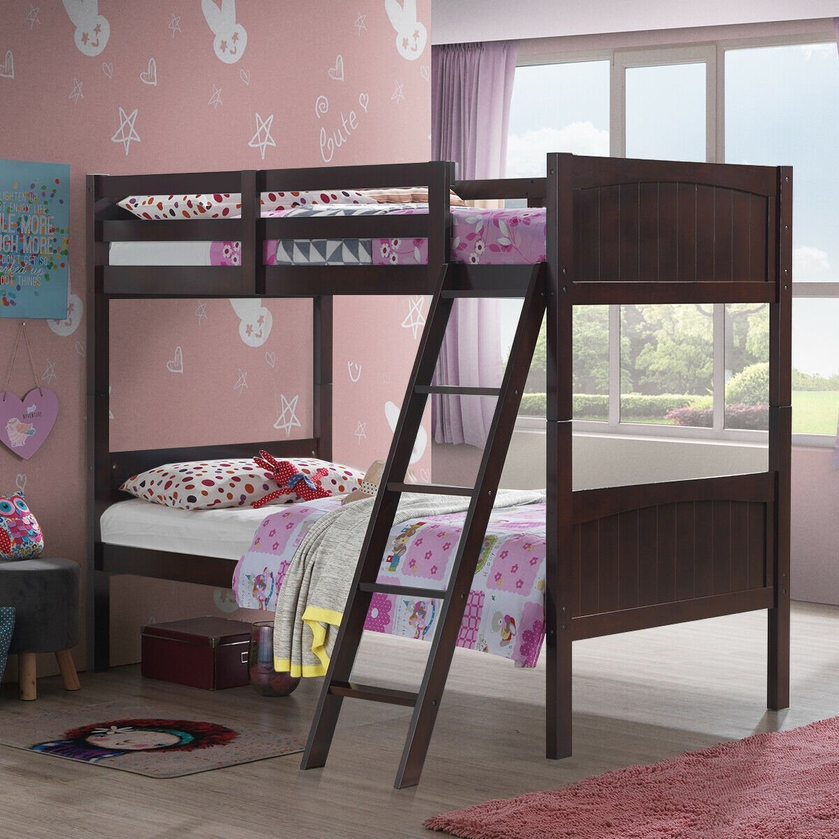 Twin Size Wooden Bunk Beds Convertible 2 Individual Beds, Brown Bunk Bed Frame   at Gallery Canada