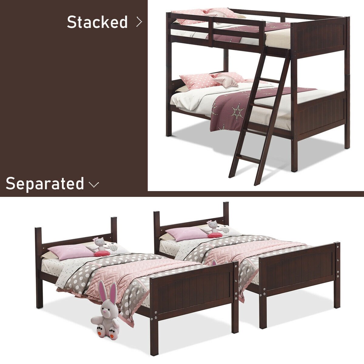 Twin Size Wooden Bunk Beds Convertible 2 Individual Beds, Brown Bunk Bed Frame   at Gallery Canada