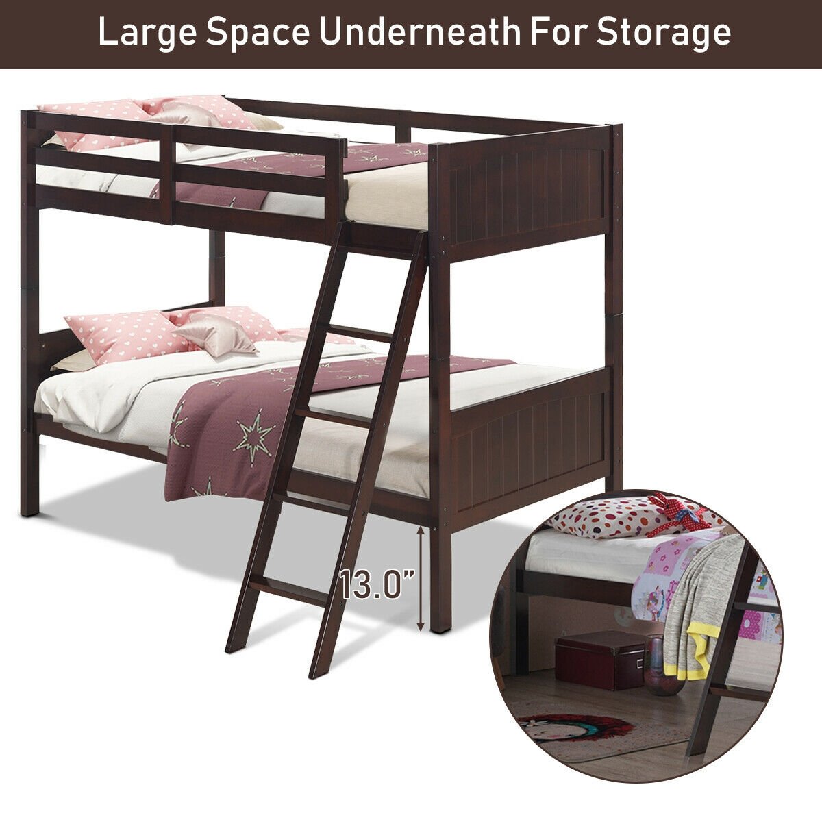 Twin Size Wooden Bunk Beds Convertible 2 Individual Beds, Brown Bunk Bed Frame   at Gallery Canada