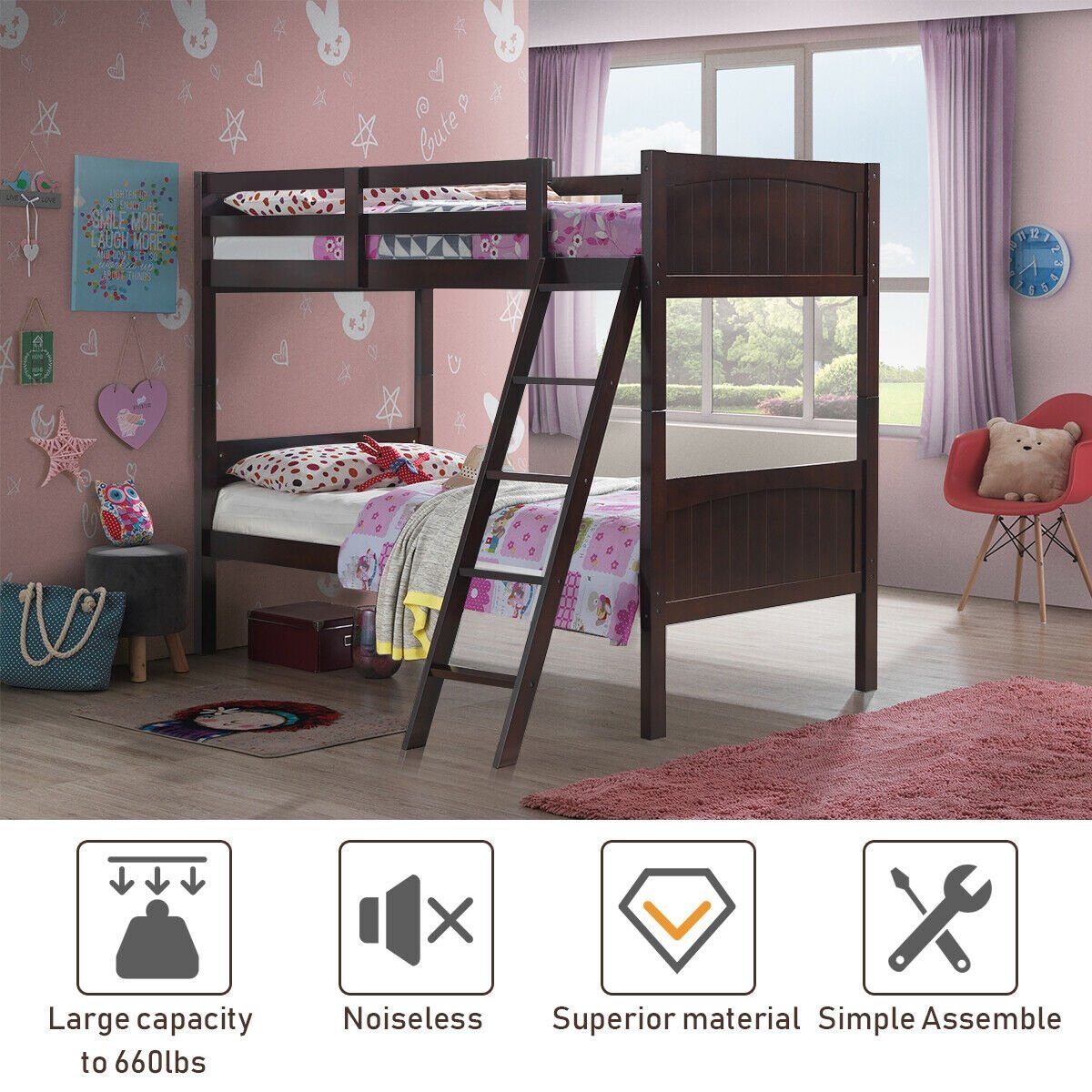 Twin Size Wooden Bunk Beds Convertible 2 Individual Beds, Brown - Gallery Canada