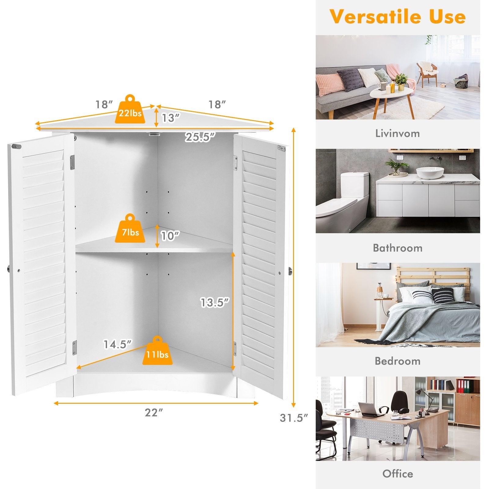 Bathroom Corner Storage Freestanding Floor Cabinet with Shutter Door, White Floor Cabinets   at Gallery Canada