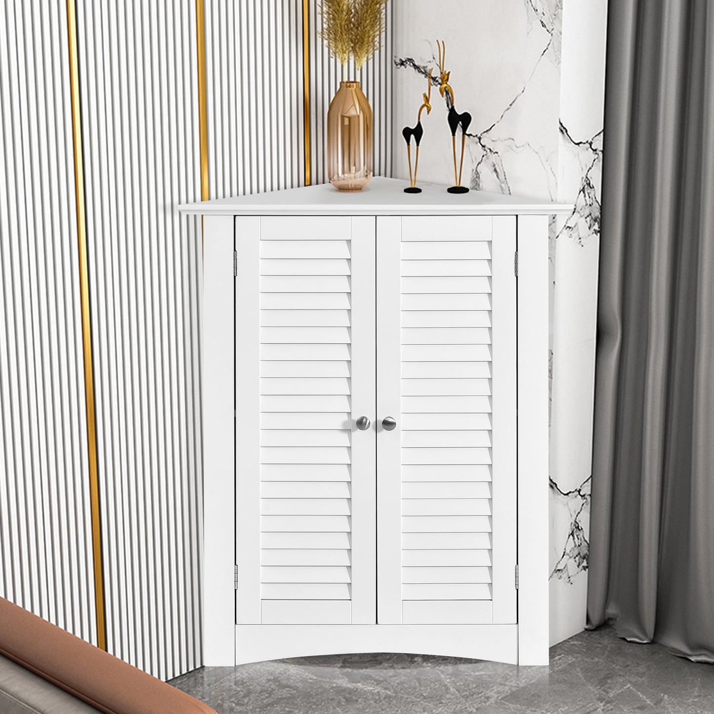 Bathroom Corner Storage Freestanding Floor Cabinet with Shutter Door, White - Gallery Canada