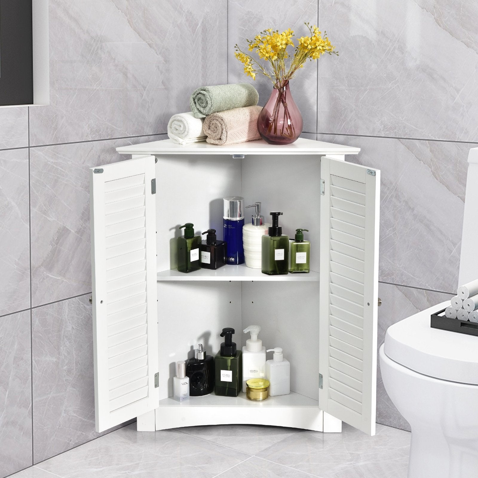 Bathroom Corner Storage Freestanding Floor Cabinet with Shutter Door, White - Gallery Canada