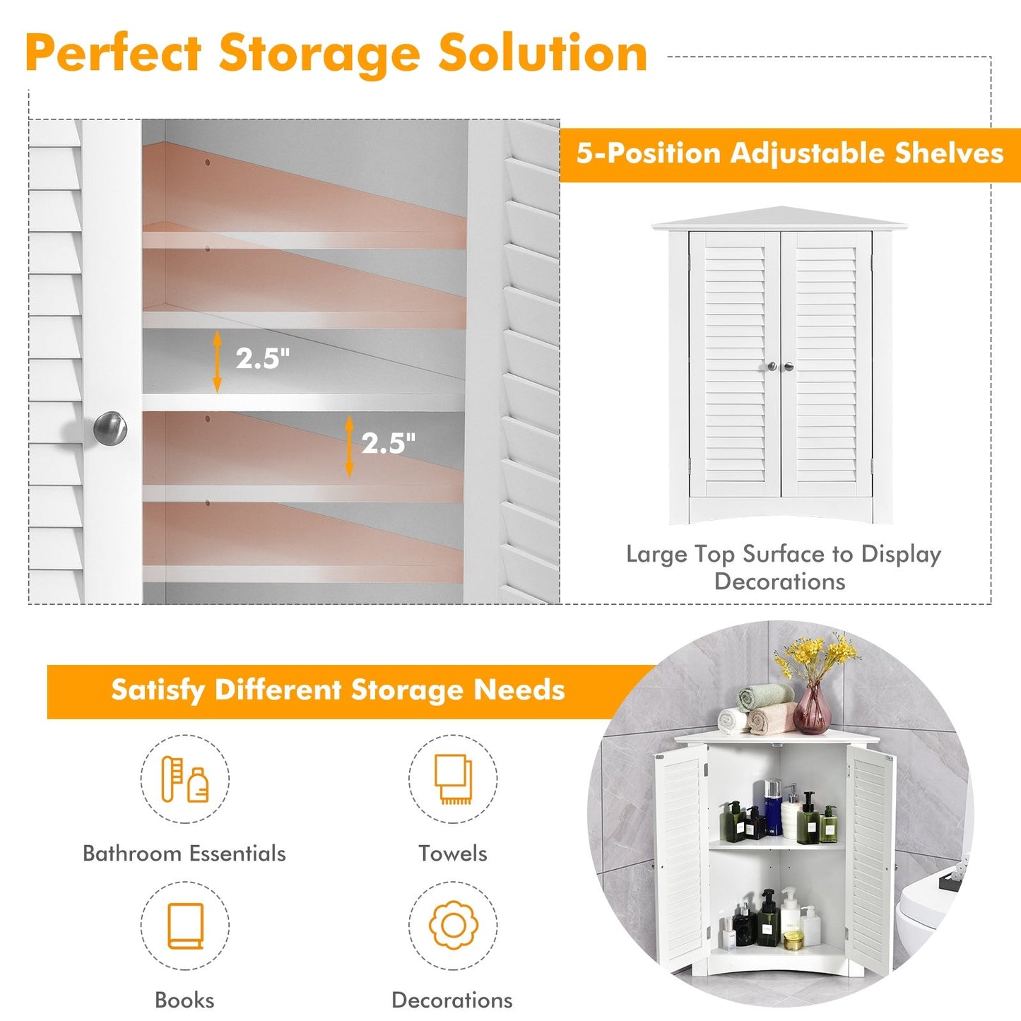 Bathroom Corner Storage Freestanding Floor Cabinet with Shutter Door, White - Gallery Canada