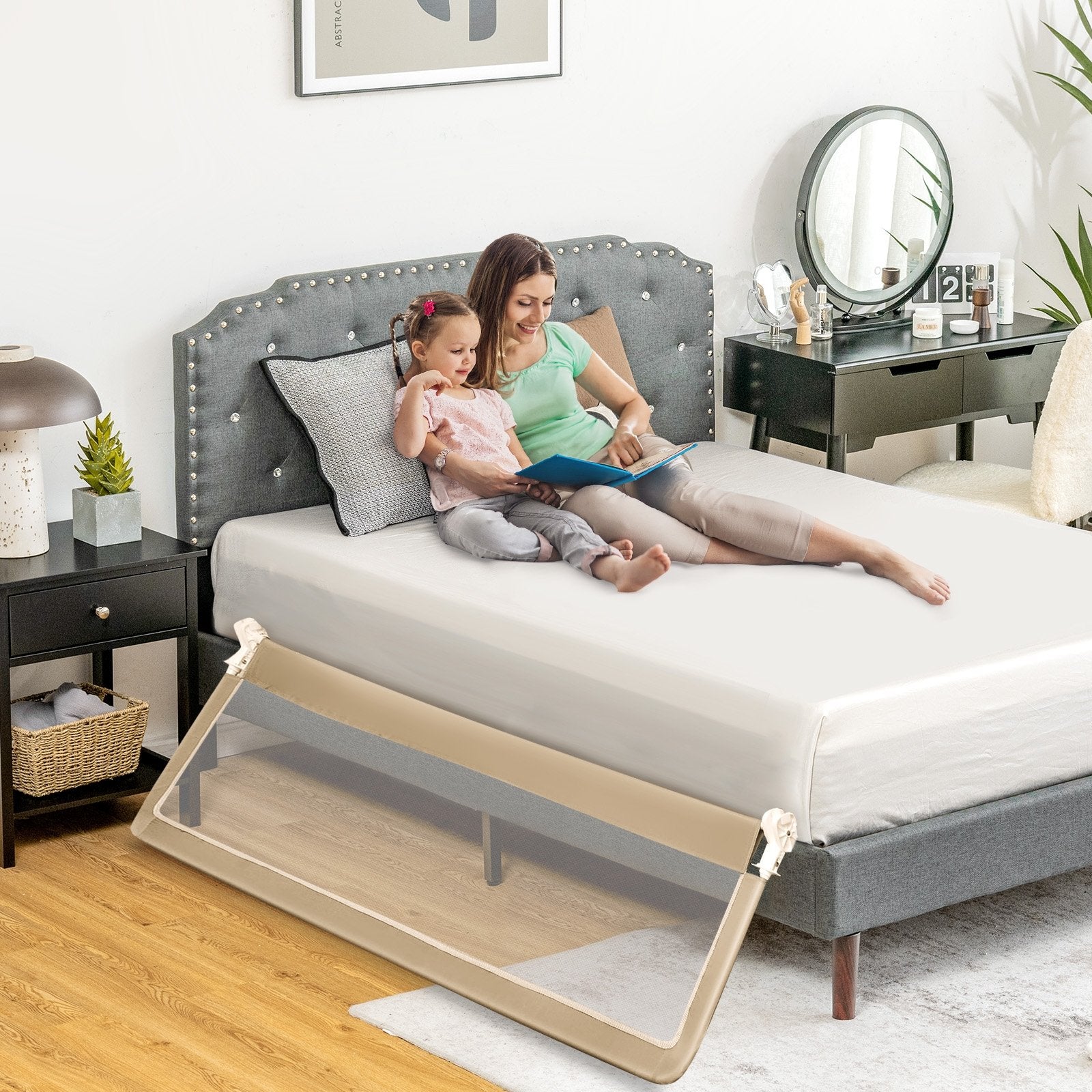 71 Inch Extra Long Swing Down Bed Guardrail with Safety Straps, Beige Bed Rails   at Gallery Canada