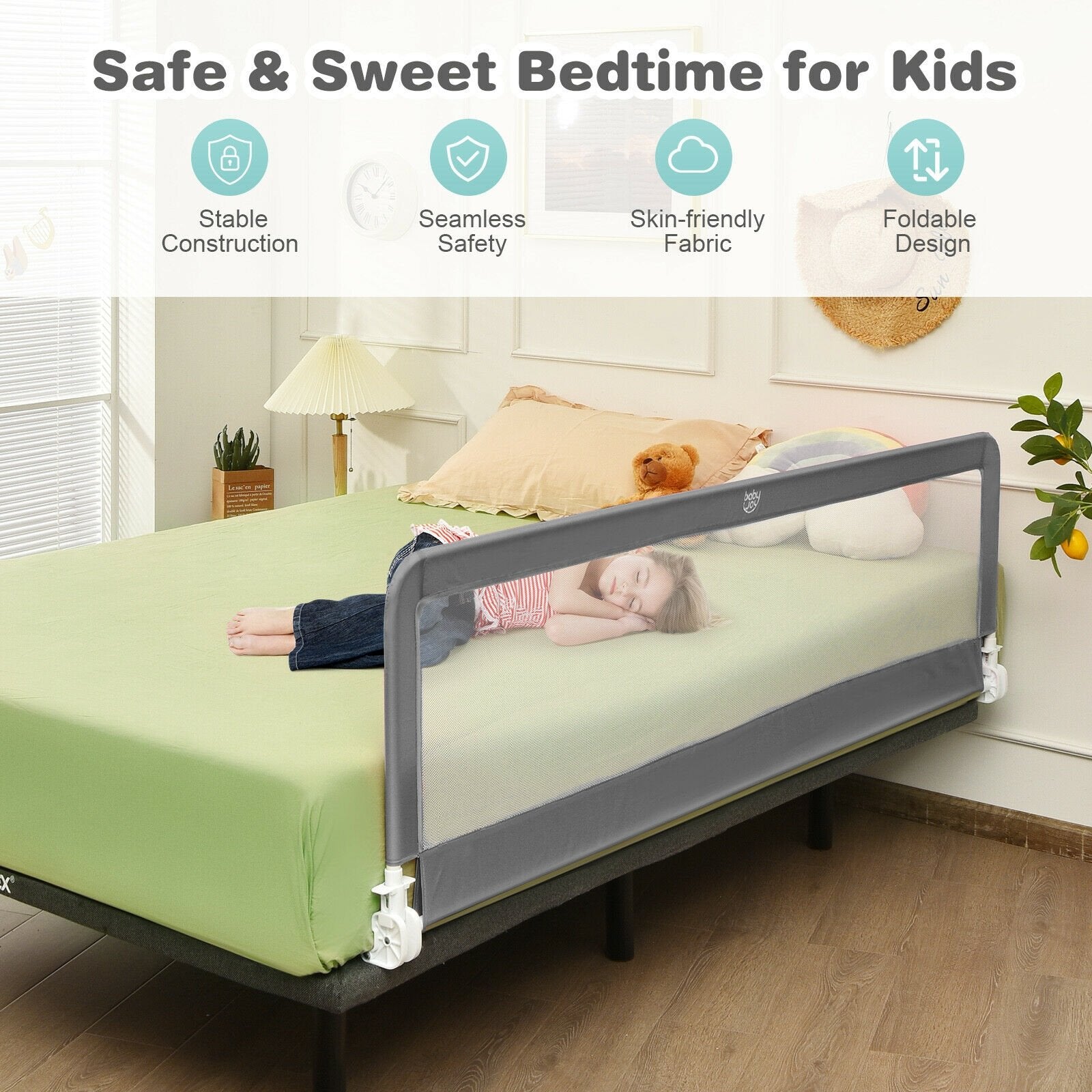 71 Inch Extra Long Swing Down Bed Guardrail with Safety Straps, Gray Bed Rails   at Gallery Canada