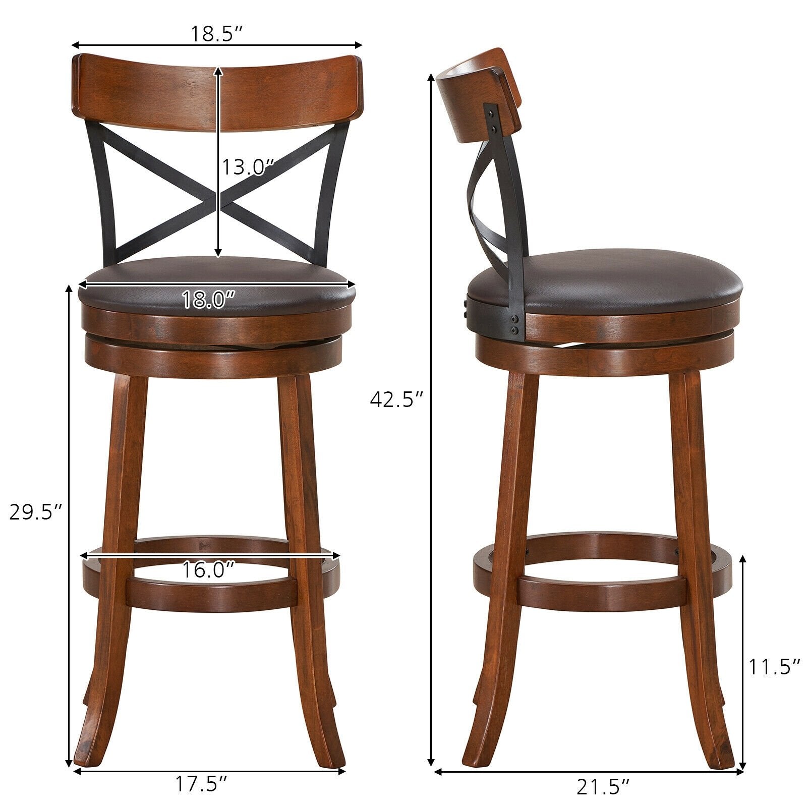 Set of 2 Bar Stools 360-Degree Swivel Dining Bar Chairs with Rubber Wood Legs-L, Walnut Bar Stools   at Gallery Canada