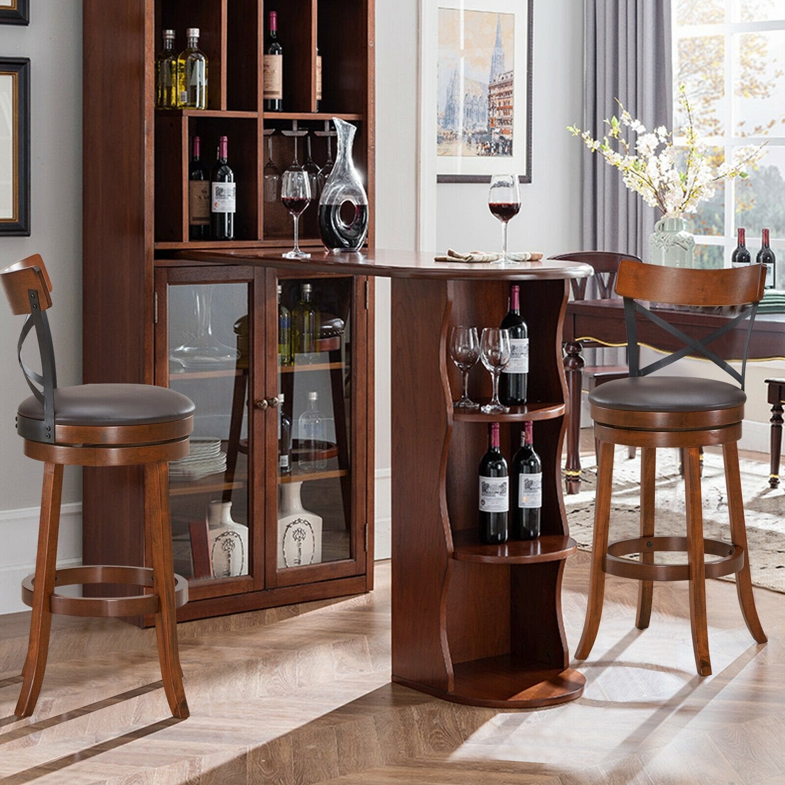 Set of 2 Bar Stools 360-Degree Swivel Dining Bar Chairs with Rubber Wood Legs-L, Walnut Bar Stools   at Gallery Canada