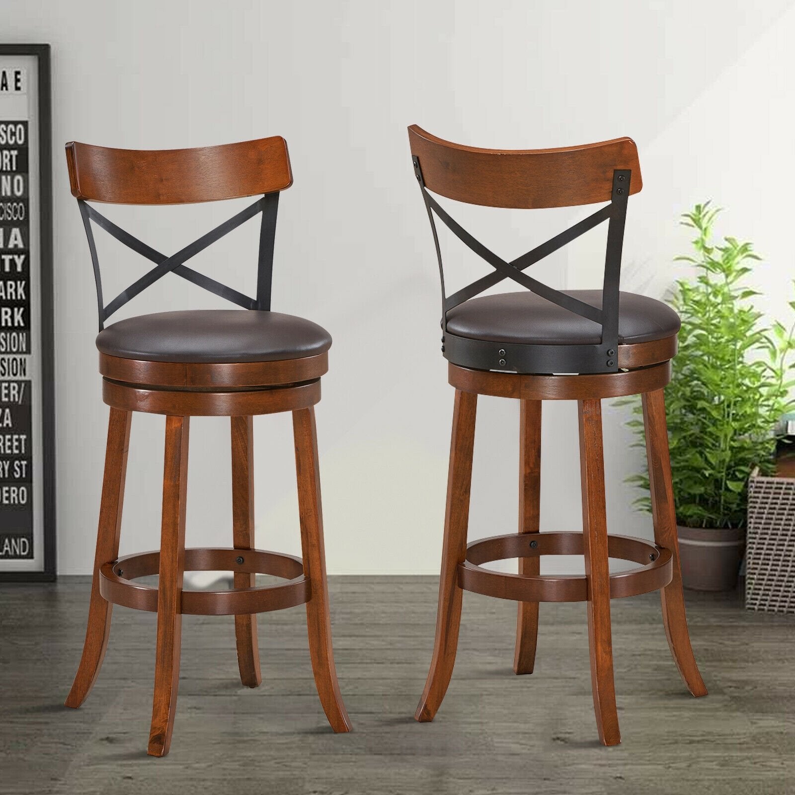 Set of 2 Bar Stools 360-Degree Swivel Dining Bar Chairs with Rubber Wood Legs-L, Walnut Bar Stools   at Gallery Canada